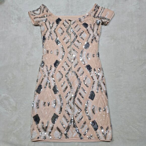 Forever 21 ✦ Sequin Bodycon Dress ✦ Off-Shoulder Peach & Silver Size S NWOT - Picture 8 of 16